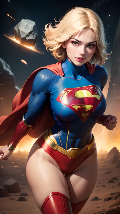((whole body view)), (SUPERGIRL is in outer space), (Lifting a large asteroid with your hands), (Complete DC Comics Superheroine), fora, highlights your muscles and scars. The scenery is lush and mysterious, com galaxias ao seu redor. The camera details ev...
