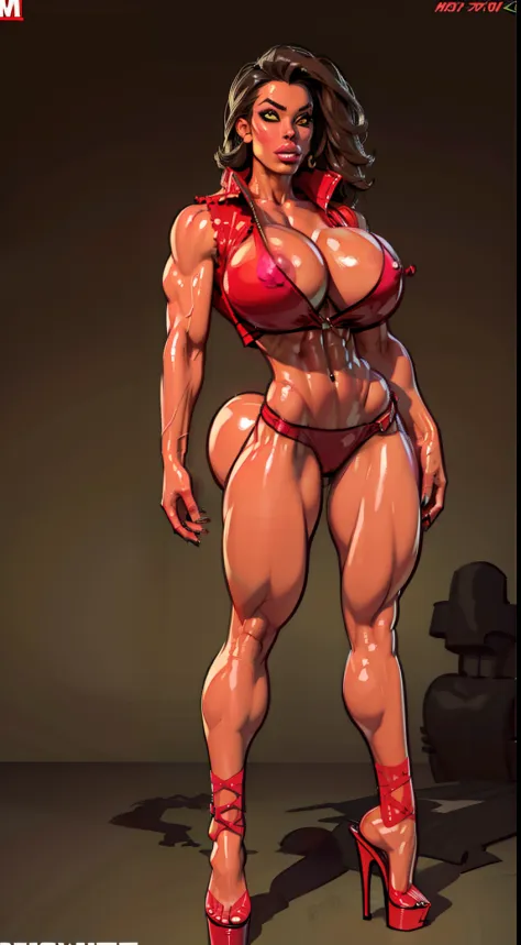 redshehulk (puffy lips:1.4), (gigantic breasts:1.2), design sheet, ((full body view)), leather bikini, (leather vest), muscular, stiletto heels, masterpiece, (slendered abs:1.2) ,detailed , shiny skin, beautiful lighting from the side