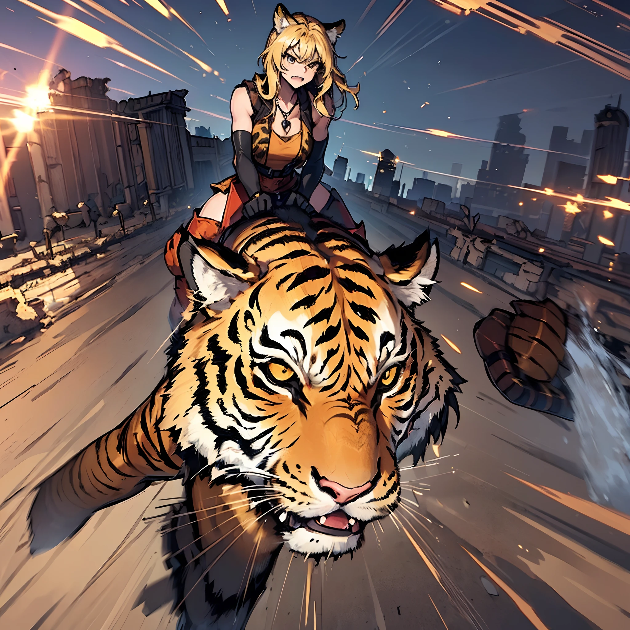 20yo 1girl, solo, (angry:1.4), small chest, (muscular, fang:1.4), (blonde long hair, tiger print bang:1.4),(tiger ears, locket necklace, triangle locket:1.2), (tiger print long pant, tiger print elbow gloves, black knee boot:1.2), ( light particles, motion lines, speed lines, motion blur, The girl's hair flutter wildly in the wind, high speed:1.4), (fantasy, ruin city in desert:1.4),