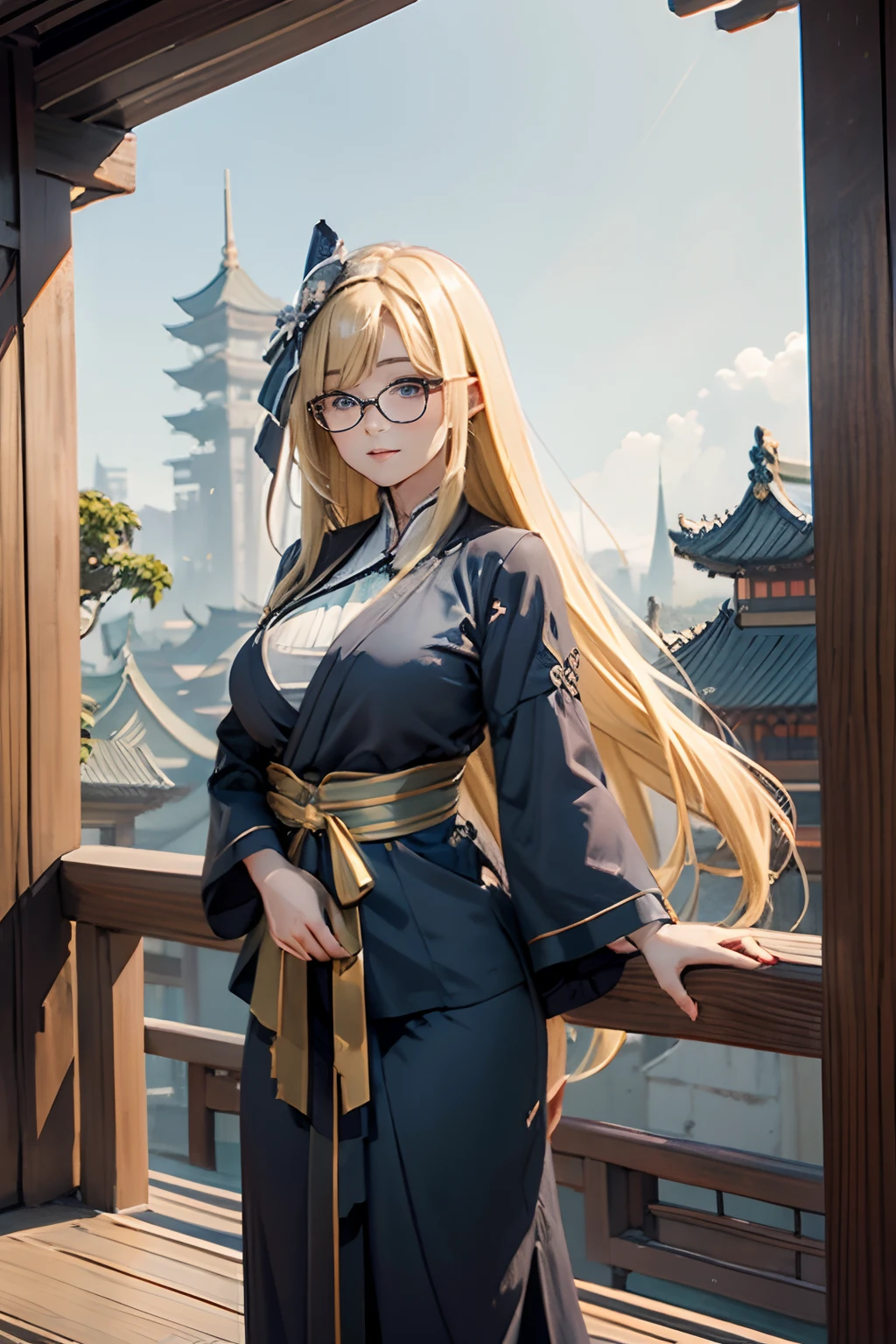 Mature anime beauty,Dark blue plain robe,Dark blue plain suit, detailed long blond hair, Long-haired, A flowing robe, cabellos largos dorados, cabellos largos dorados, Long flowing hair, Anime girl with long hair, Simple dark blue robe，Dark blue hanfu，Perfect body elf woman，elvish ears，Background of ancient Chinese architecture，Ancient Chinese architectural background，Bust，sideways standing，Tai Chi pattern，Gossip mode，Glasses，Mature woman，Yin and Yang fish pattern，Look to the lens，A bad smile，leaning against pillars，Huge bust，Oversized breasts，Incredible