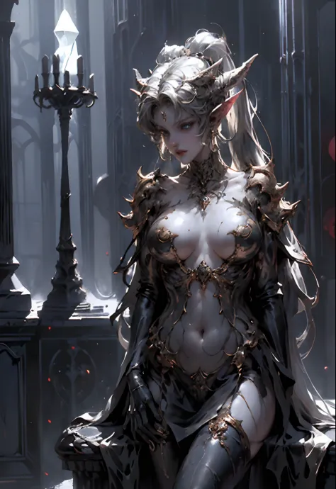 Dark and damp basement，Glamorous gentleman neon nightclub，Queen Lilith，Crystal silicone protective pad，A masterpiece of gray matter ceramic statues，Noble and beautiful elven priestess，The chest is bloated，Slender legs，Samus，Rose gold ponytail，Stone bench，f...