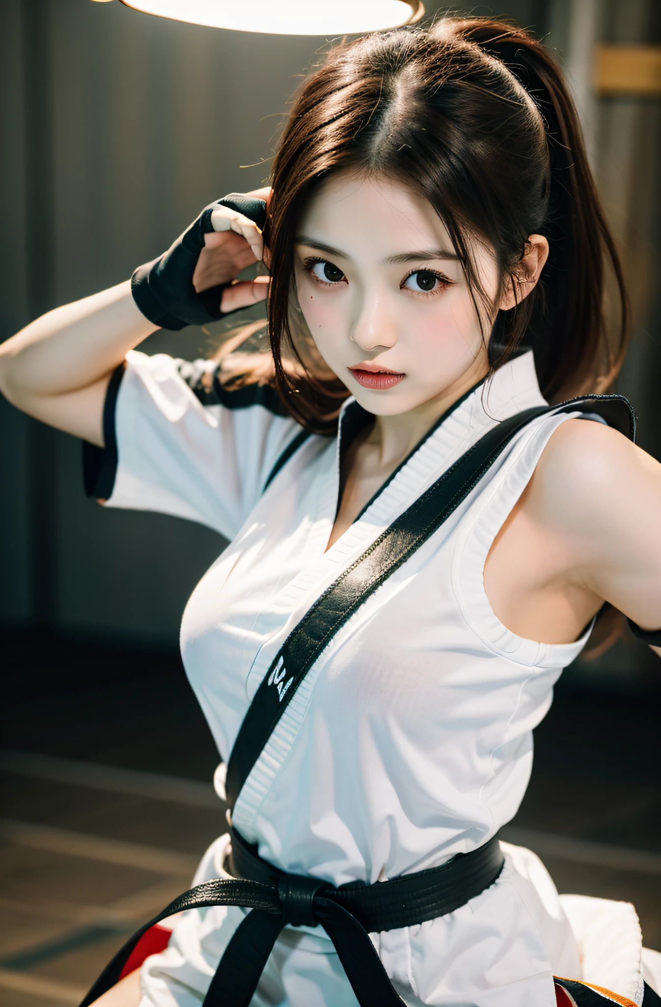 Content: Solo Idol, Eri Kamei from Morning Musume, Dressed as a karate player, In karate uniforms, Black belt, Showing off a cute and beautiful figure in the form of big breasts. She is engaged in a sparring match with another karateka, Emphasis on serious facial expressions and dynamic movements.
Medium: Photography.
Style: Ultra-realistic, High contrast, nffsw, Vivid and rich colors.
Lighting: Shine a strong spotlight on a subject with a slight shadow behind it, Highlight the intensity of the match.
Colors: Natural tones centered on the white of the karate uniform and the deep black of the belt.
Composition: Canon EOS 5D Mark IV DSLR Camera, EF 85mm f/1.8 STM lens, Resolution 30.4 megapixels, ISO sensit: 100, Shutter Speed 1/125 sec, Depth of field to capture every detail of the action.
--ar 16:9 - V5.1 --Style raw --Q 2 --S 750