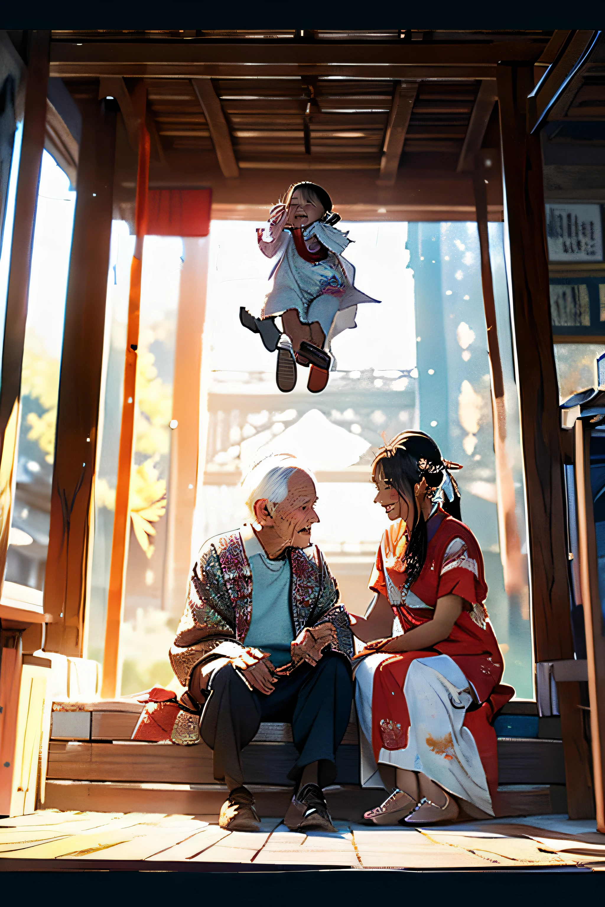 Chongyang Festival Respect for the Elderly，A old man，Grandmother，Grandmother and child laugh together，Cartoon pictures Normal background, A beautiful artwork illustration, Colorful illustration, colorful kids book illustration, Colorful illustrations, archan nair, painting illustration, fairy-tale illustration style, editorial illustration colorful, colorful concept art, dreamlike illustration, Colorful!Character design, Wonderful illustrations, illustrated in whimsical style, Exquisite digital illustration