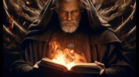 um close up de um homem segurando um livro com um fogo nele, Travis Fimmel como um Mestre Jedi, Willem Dafoe como um Lorde Sith,...