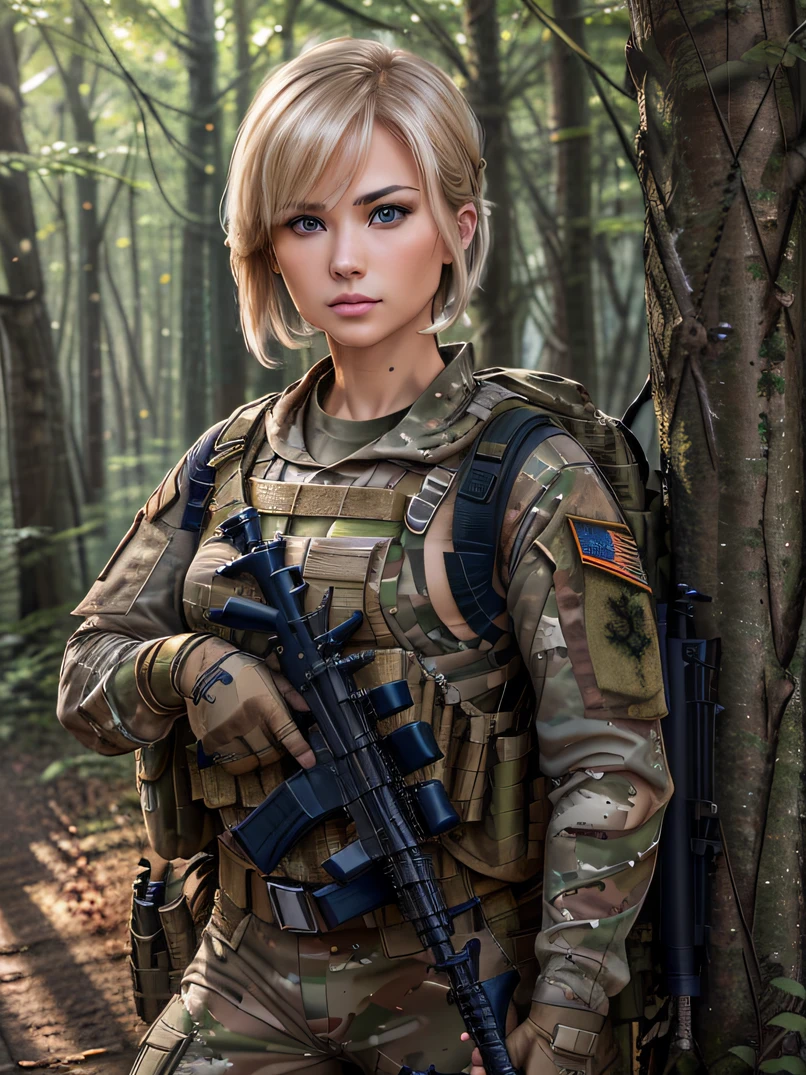 ((​masterpiece、ultra fine photos、top-quality、超A high resolution、Photorealsitic、foco nítido、(bustshot、Focus from the chest up)、(Beautiful Female Soldier、30-year-old woman with)))、delicated face、((fair white skin、blue eyess、Blonde Shorthair))、Military Cap、Woodland Camouflage Military Uniform、Woodland Camouflage Tactical Vest、Woodland Camouflage Long Pants、Combat gloves、Carry a Woodland Camouflage Backpack、Black Military Undershirt、Focus from the chest up、Detailed face and chest depiction、Detailed hand depiction、combat pose、Dynamic Poses、Dynamic action、in woods、White smoke、watching at viewers