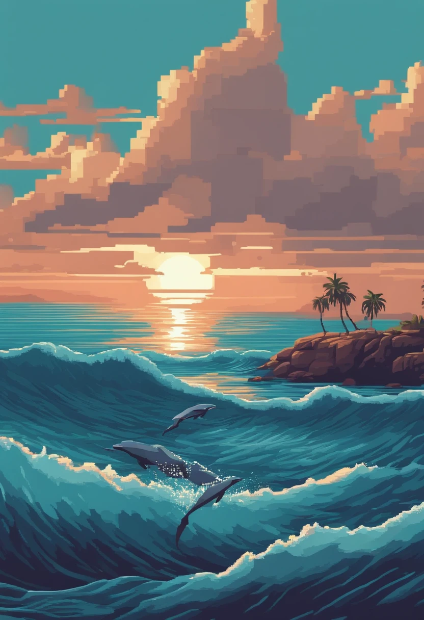 Pixelkunst eines riesigen Mondes, der über ruhigem Meer aufgeht, bela detaillierte Pixelkunst, detaillierte Pixelkunst, Lo-Fidel-Retro-Videospiele, Konzeptuelle Pixelkunst, detaillierte Pixelkunst, Pixel-Art-Stil, Pixelstadt, pixel art animation, Hochwertige Pixelkunst, Delfine springen von der Meeresoberfläche, Super detaillierte Farb-Lowpoly-Kunst, #Pixel Art:3, # Pixel Art, #Pixel Art, Rothaarige Frau aus der mittelalterlichen Pixelkunst