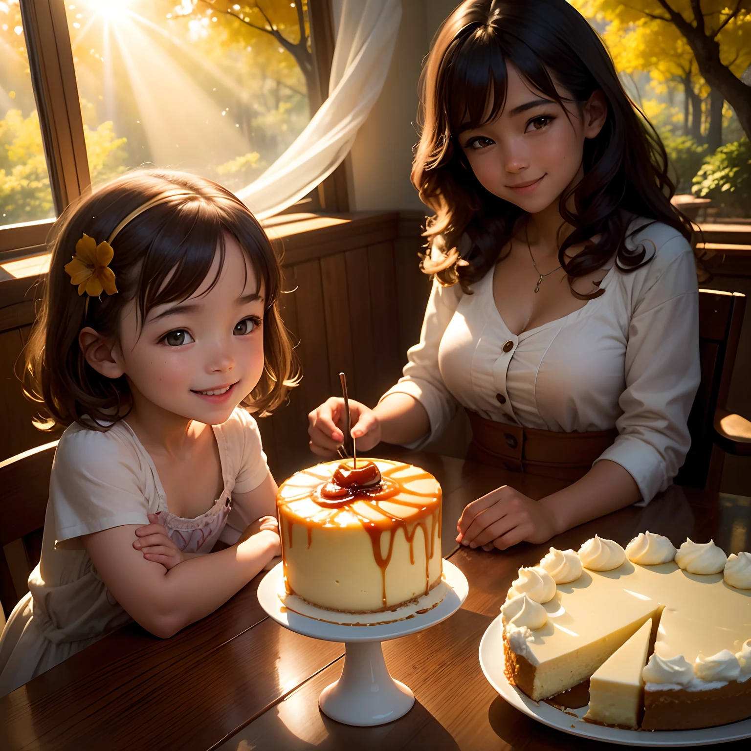 finest image, Fresh cheesecake with brandy caramel sauce in front of the little girl, A happy smile, Sunbeams filtering through the trees, room, professional lighting