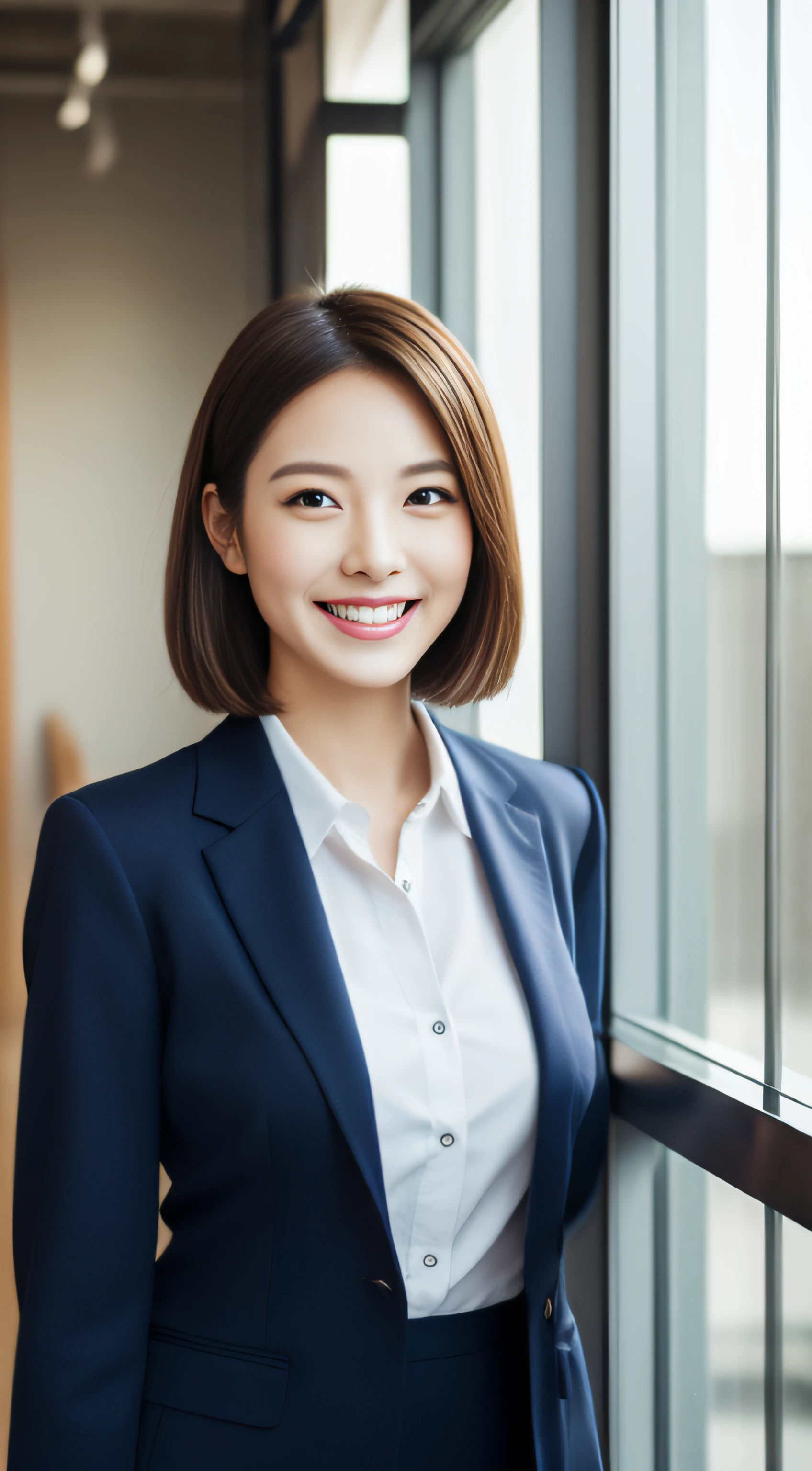 The face is a hostess、The clothes are navy blue business suits high quality、A hyper-realistic、healthy、Smiling expression、Slender perfect figure、Japan beauties、beautidful eyes、face perfect、Beautiful skin、from side、Background is an office on a high floor、by the window