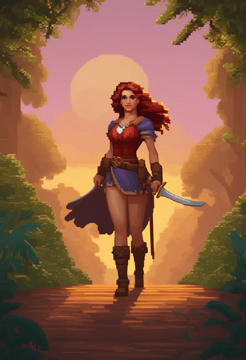 A woman in a red dress and a sword walking through a forest - SeaArt AI