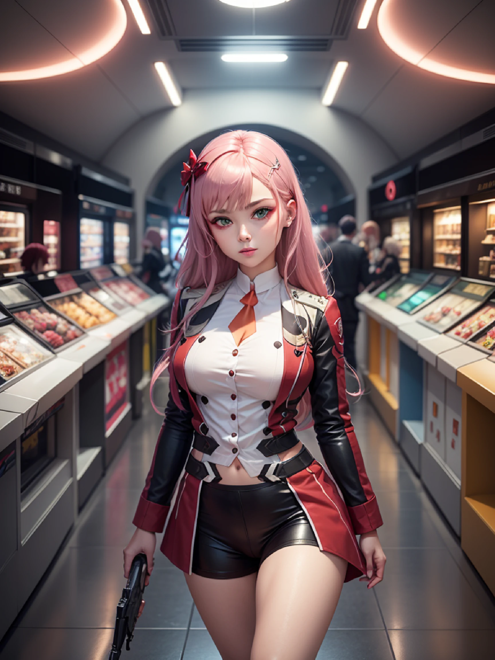 Chica anime en uniforme con pistola y arco en el centro comercial., del videojuego azur lane, Estilo del carril Azur, Estilo de la colección Kantai, estilo de primera línea de chicas, galería de la colección kantai, arte de bienvenida del delta macross, personajes de azur carril, chicas de primera línea cg, obra de arte oficial, cancolle, de chicas de primera línea, universo de primera línea de chicas, mejor calidad, muy detallado, Mesa, alta calidad, niña adulta, Mejor calidad ocular, La calidad de los ojos de la obra maestra., Fantasía, Ojos de alta calidad, 8k, Cameltoe, senos pequeños, ojos verdes, pelo rosa, cabello largo, posiciones sexys, Erotica, hermoso.