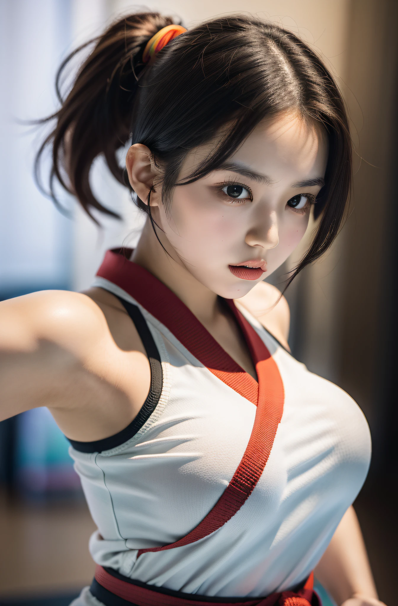 Content: Solo Idol, Eri Kamei from Morning Musume, Dressed as a karate player, In karate uniforms, Black belt, Showing off a cute and beautiful figure in the form of big breasts. She is engaged in a sparring match with another karateka, Emphasis on serious facial expressions and dynamic movements.
Medium: Photography.
Style: Ultra-realistic, High contrast, nffsw, Vivid and rich colors.
Lighting: Shine a strong spotlight on a subject with a slight shadow behind it, Highlight the intensity of the match.
Colors: Natural tones centered on the white of the karate uniform and the deep black of the belt.
Composition: Canon EOS 5D Mark IV DSLR Camera, EF 85mm f/1.8 STM lens, Resolution 30.4 megapixels, ISO sensit: 100, Shutter Speed 1/125 sec, Depth of field to capture every detail of the action.
--ar 16:9 - V5.1 --Style raw --Q 2 --S 750