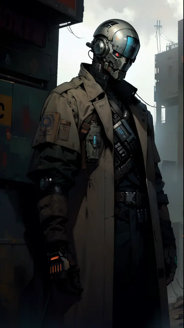 derpd, lethal bounty hunter cyborg wearing long cowboy trench coat, blue eyes,danger,post apocalypse, best quality, masterpiece, science-fiction,