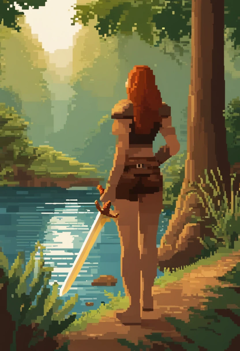 A woman in a bikini holding a sword standing next to a river - SeaArt AI