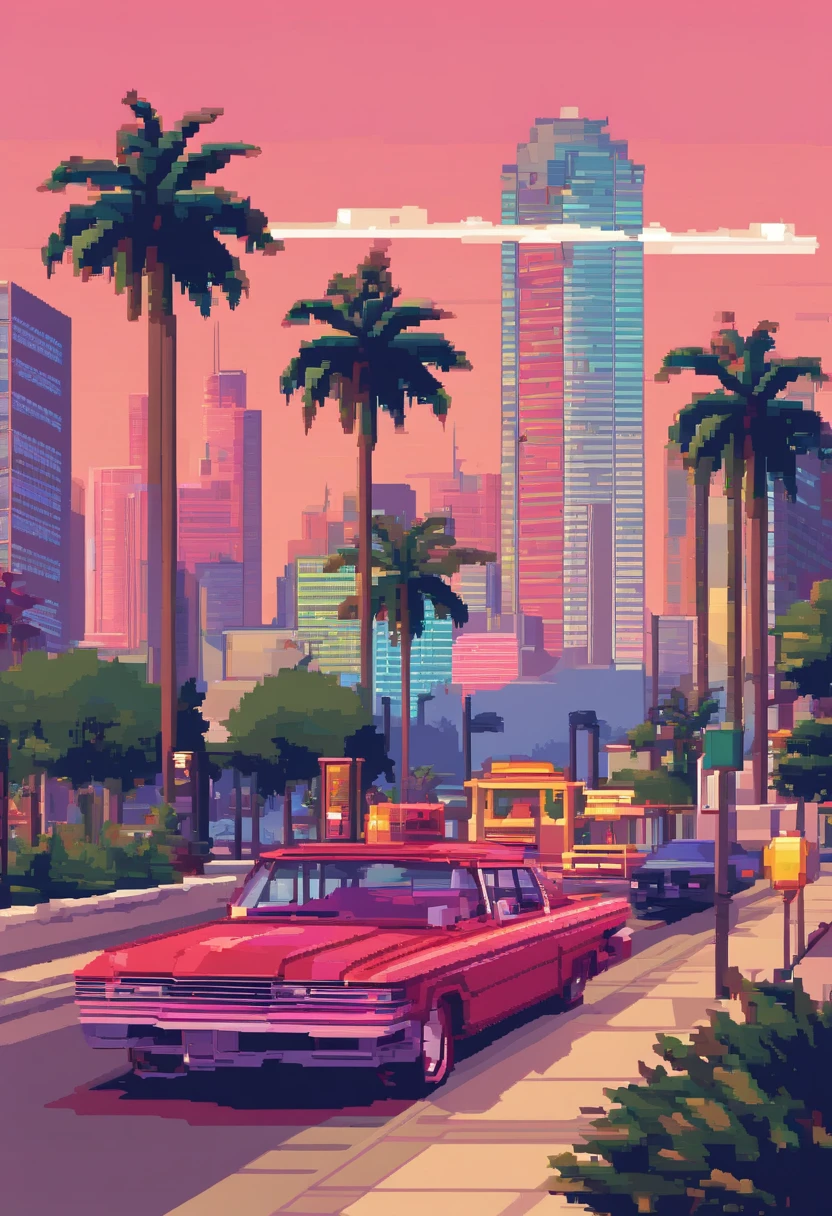 arte de pixel tourist destination landscape of GTA vice city. noche. Fondo de pantalla 4K con arte de píxeles en 3D. Increíbles detalles de pixel art.. arte de pixel. olas de vapor. Arte detallado en píxeles de Unreal Engine