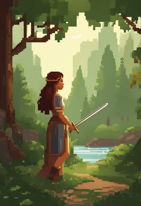 A woman in a blue dress holding a sword in a forest - SeaArt AI