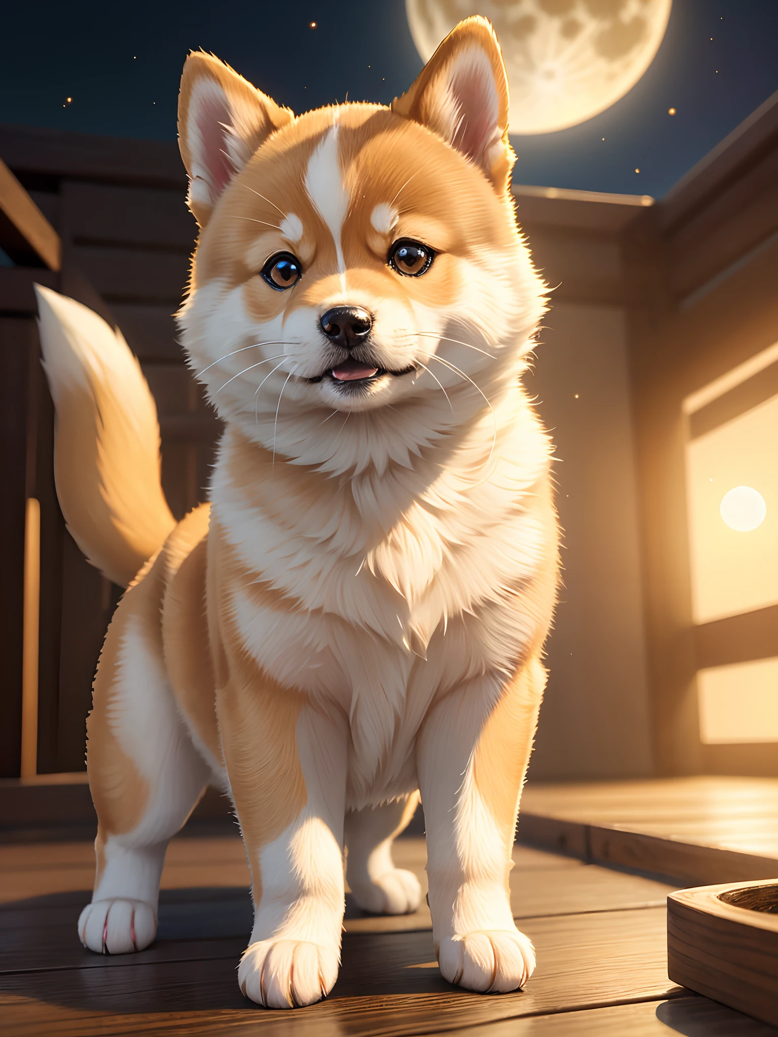 Real Shiba Inu, cute !!!, content!!!, mischievous!!!, adorable!!!, ultra-realistic!!!, golden hour, sharp focus, delicate 16K, high definition 8K, sphere, full moon