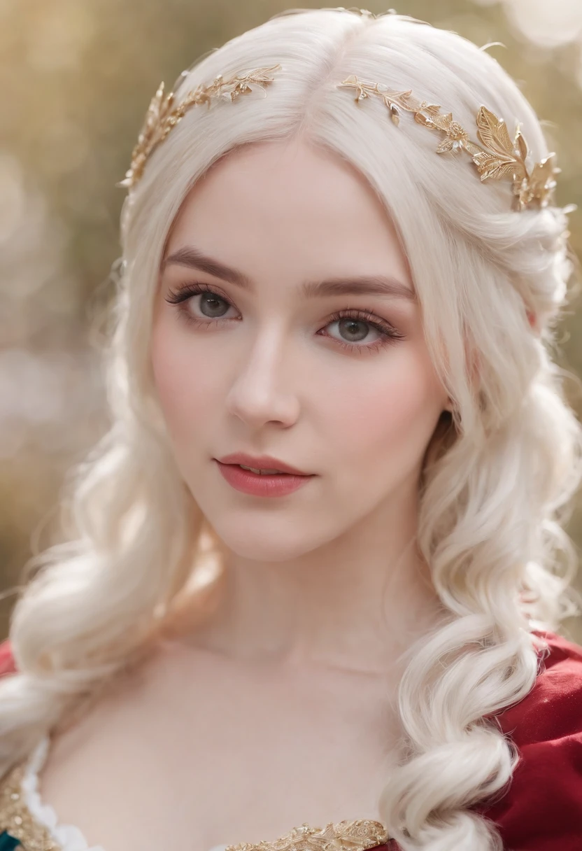 A woman with long white hair wearing a crown and a red dress - SeaArt AI