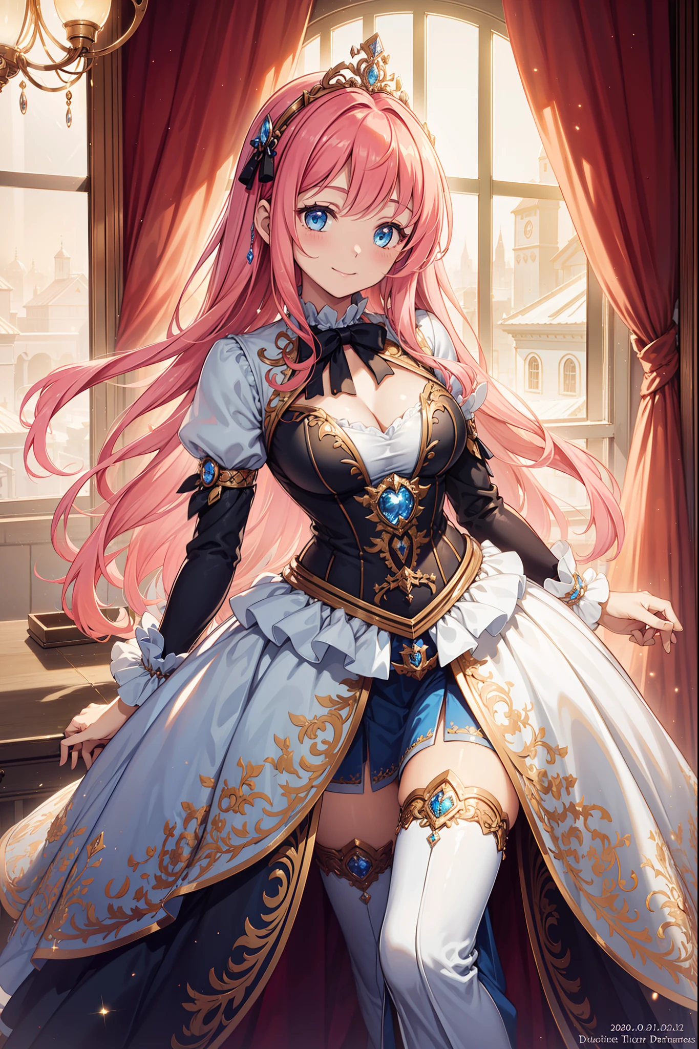 (Best quality, A high resolution, Textured skin, High quality, High details,Extremely detailed CG unity),teens girl，Enchanted，Divine happiness，Being in love，(Light Victorian princess dress:1.2)，Pink hair，eBlue eyes，(Gorgeous tiara of the princesaximalism，Ruffles，Translucent lace，Multi-colored cloth，Delicate embroidery，Delicate pattern，exquisite costumes，Transparent outer skirt，Bedrooms，the night，glittery，(Dazzle:1.2)，Movie lighting，the night，solo person，Fluttering skirt，Beautiful detailed face and hair