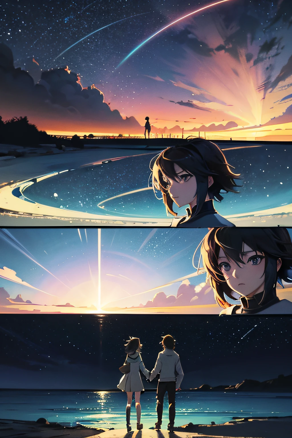 comic strip，Cartoon Split，Exceptional，Storyboard，Masterpiece, Anime college student standing by the sea, Bright starry sky. romantic couple, Makoto Shinkai's picture, Pisif, concept-art, Lofi art style, Reflection. By Makoto Shinkai, Lofi art, beautiful anime scenes, Anime landscape, Detailed scenery —width 672, in the style of makoto shinkai, Makoto Shinkai's style, Enhanced detail.