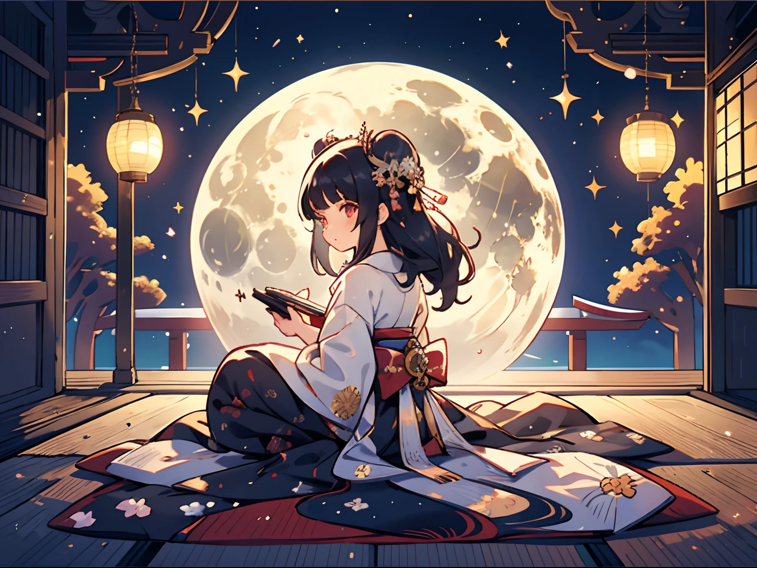 一人の女の子が後ろ向きに月を眺めている, 床に垂れ下がった長い黒髪の少女, 十一着物は平安時代の貴族の女性が着ていた十重の着物である., 月の裏側, 後ろの女の子がとても美しい月を眺めている, (日本風のベランダで:1.2), 月見団子を脇に置いておく, 近くには煤の入った花瓶が置かれている, カラフル, 超詳細な, 高画質, [[[[[複数の腕]]]]]
