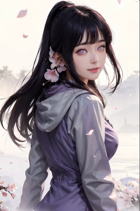 petals, 1girl, hood, falling petals, hood down, cherry blossoms, hyuuga hinata, long hair, looking at viewer, solo, smile, black...