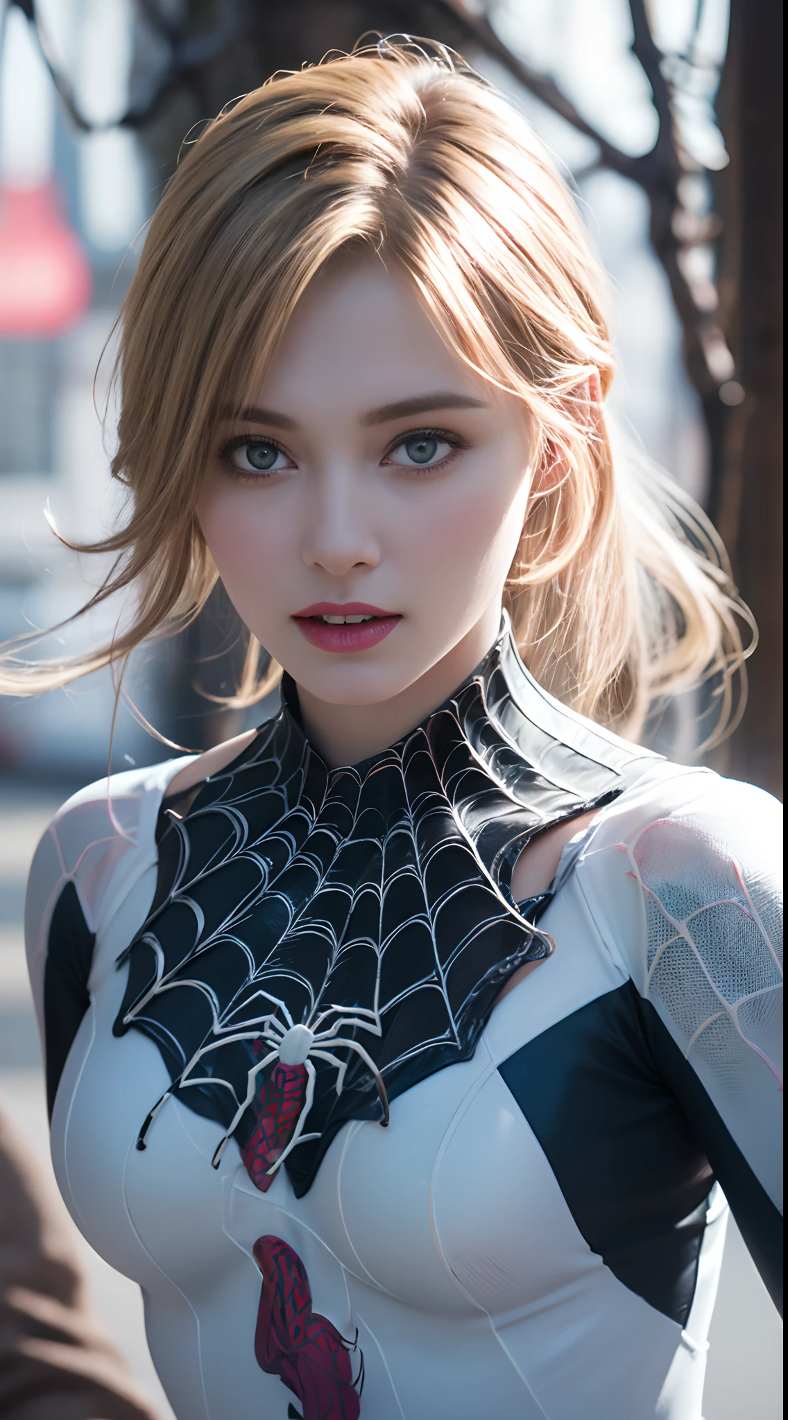 (White superhero theme, charismatic, there&#39;s a girl at the top of town, dressed in Spider-Man costume, is a superhero), [ ((25-years old), (long white hair: 1.2), whole body, (blue eyes: 1.2), ((put the Spider-Man), show of force, jump from one building to another), ((sandy urban environment): 0.8)| (urban landscape, At night, dinamic lights)Hermosos blue eyes claros realistas; beautiful white teeth, happy smile, attractive, Create the most beautiful perfect face in the world at large, hand painted, meticulously detailed, the highest picture quality, 3D 8K, perfect white skin, beautiful appearance, Multicolor Liquid Acrylic, Wet marble body, Michael Garmash, Daniel F. Gerhartz, cinematic lighting, waterfall scene, volumetric illumination, Clean and smooth art, Soft pulp adventure , Ornate patterns, Stylish Organic Frames, surrealism, Masterpiece Collections, realistic colors, Ley Gouache. the highest picture quality, More detailed 8K.unreal engine:1.4,UHD,La Best Quality:1.4, photorealistic:1.4, skin texture:1.4, Masterpiece:1.8,first work, Best Quality,((hands:1.4)),object object], (detailed face features:1.3),(spider gwen:1.4)