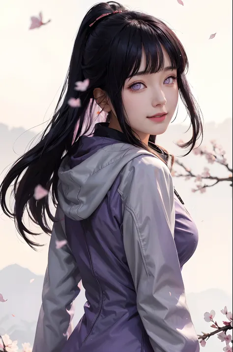 petals, 1girl, hood, falling petals, hood down, cherry blossoms, hyuuga hinata, long hair, looking at viewer, solo, smile, black...