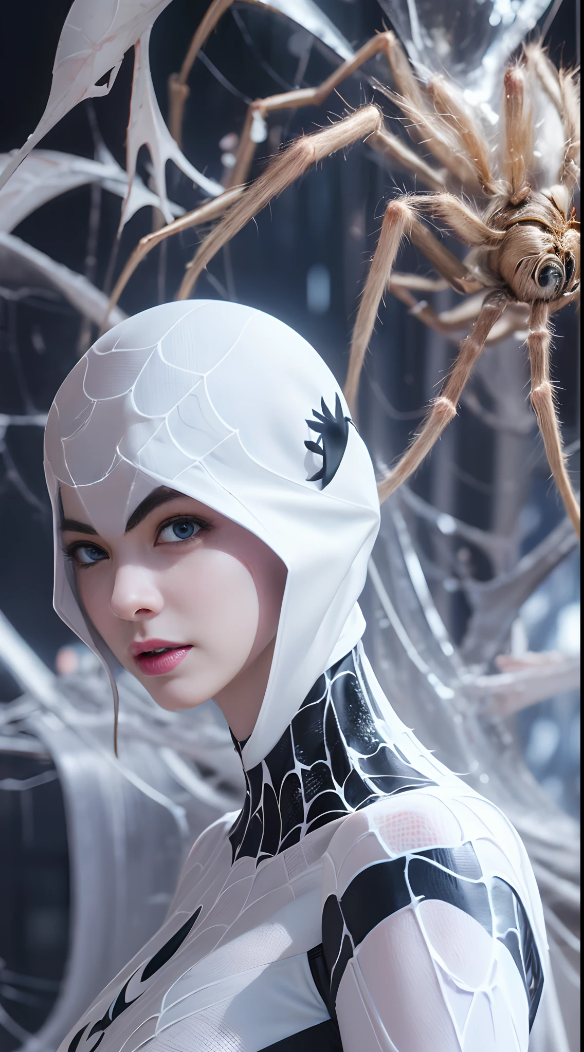 Spider - man cosplaying in a white and black costume with a spider on her  head - SeaArt AI