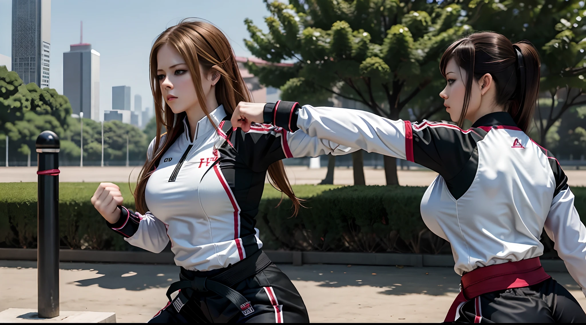 hiper-realista, morena (praticante de taekwondo) ((Avril Lavigne)) sozinho em um parque de um arranha-céu em Seul, Coreia, elegante uniforme apertado de taekwondo, treinamento, inspirado em Juri Han do jogo Street Figher 6, fêmea, musculoso, enormes músculos rasgados, lindo rosto jovem, seios grandes em forma de J, (glúteos grandes, redondos e grossos), cintura fina, 8Embalagem ABS, ver todo o parque, mostrar bezerros, corpo perfeito,