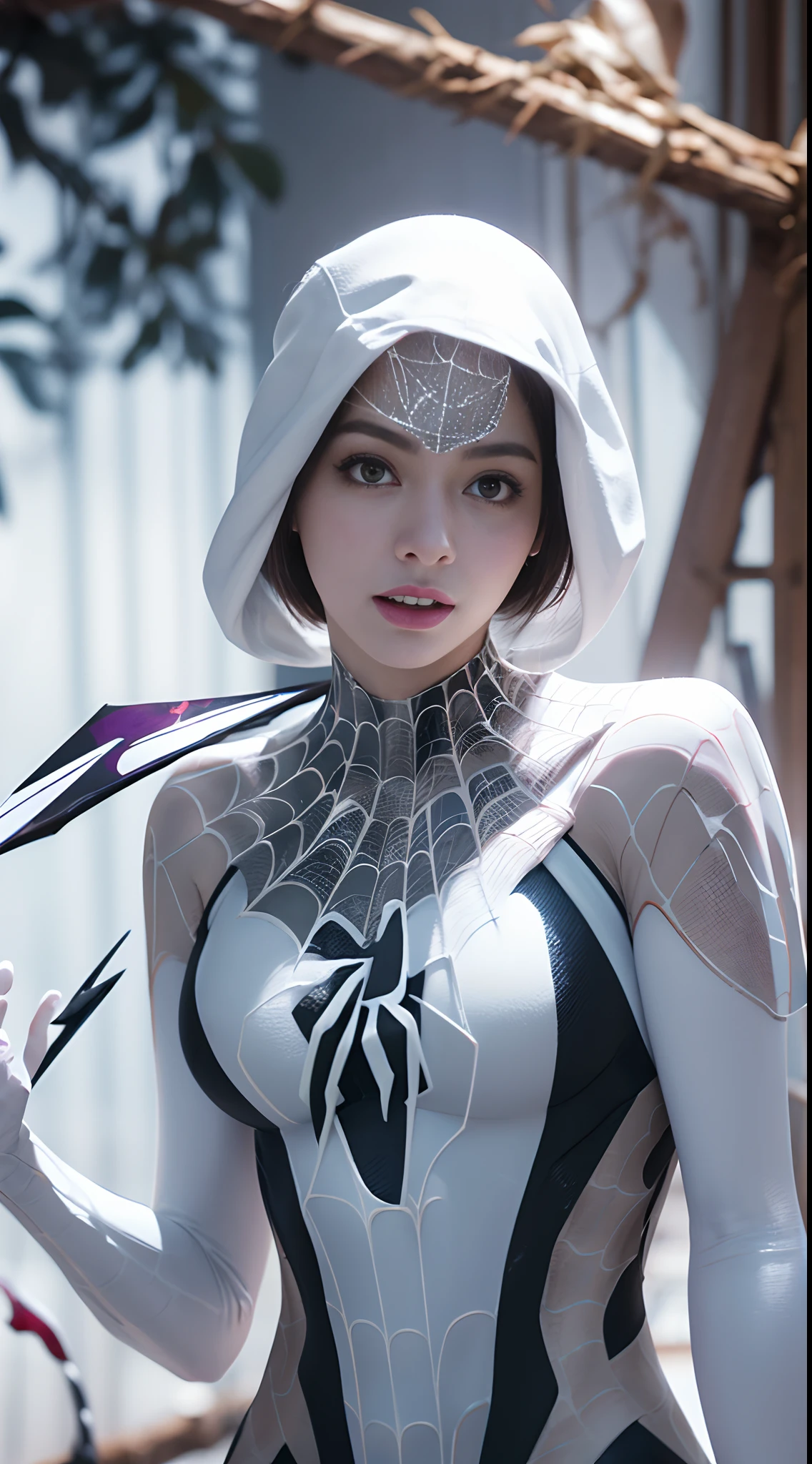 A close up of a woman in a spider - man costume holding a knife - SeaArt AI