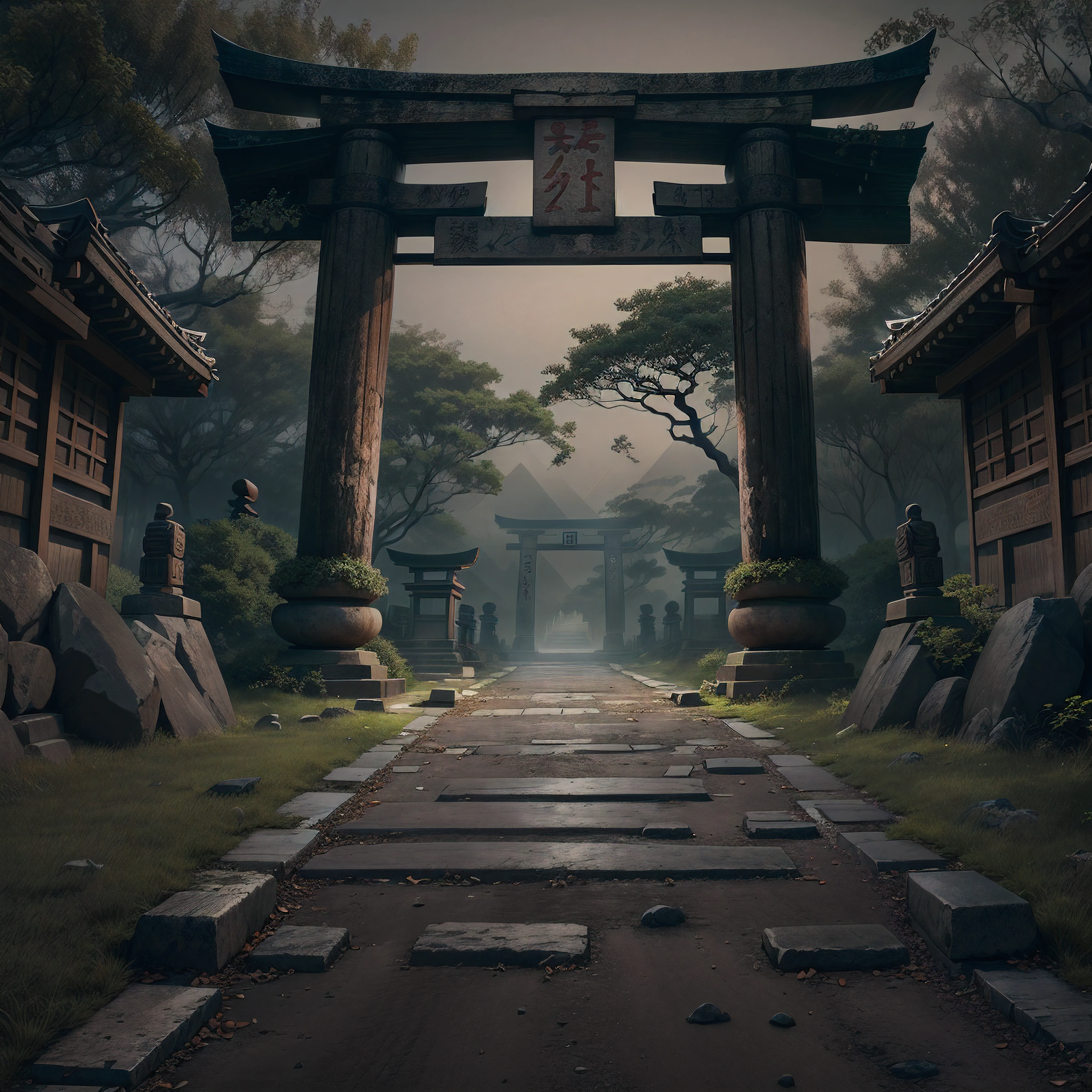 Erstellen Sie einen dunklen Pfad mit japanischen Elementen und platzieren Sie ein altes Torii-Tor am Anfang und am Ende im Hintergrund die Pyramiden von Gizeh