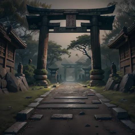 Create a dark path with japanese elements and put a old torii-gate at the beginning of it at the end in the background place the...