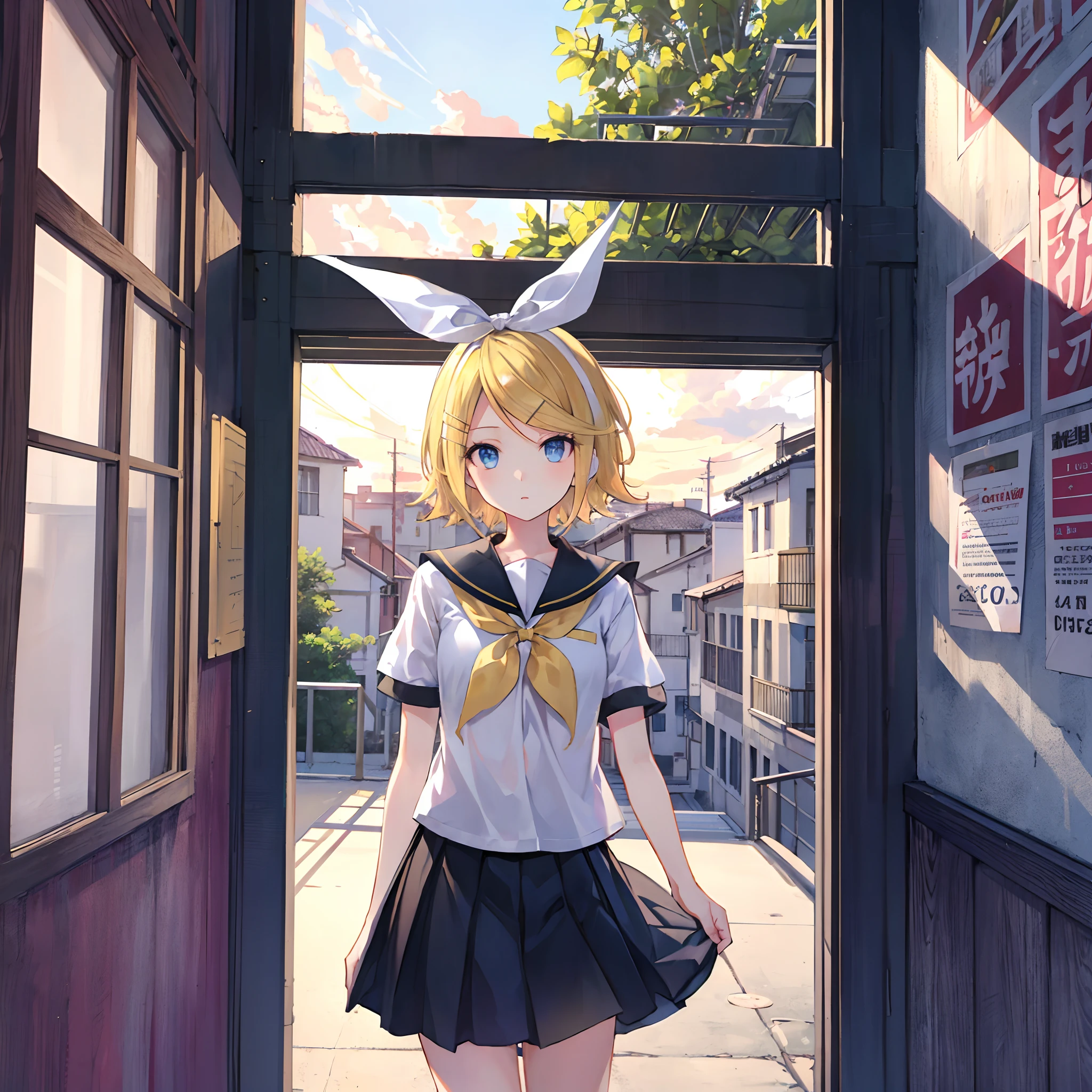 Anime girl in a short skirt and bunny ears standing in a doorway - SeaArt AI