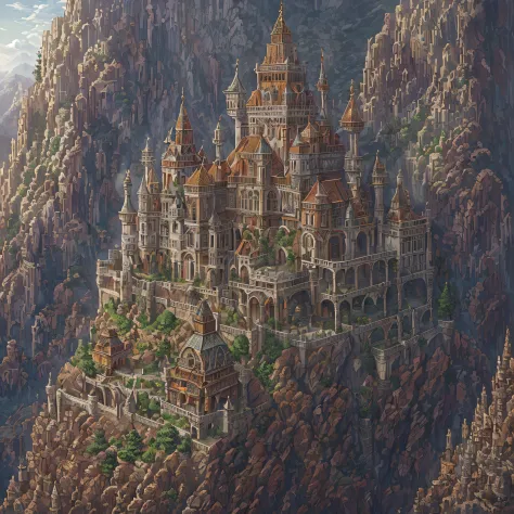 A forbidden castle high up in the mountains, pixel art, (intricate details:1.12), hdr, (intricate details, hyperdetailed:1.15), ...