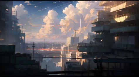 Sky, Clouds, holding_weapon, no_humans, Glow, Mecha, Architecture, Science Fiction, City, Reality , Makoto Shinkai --v6