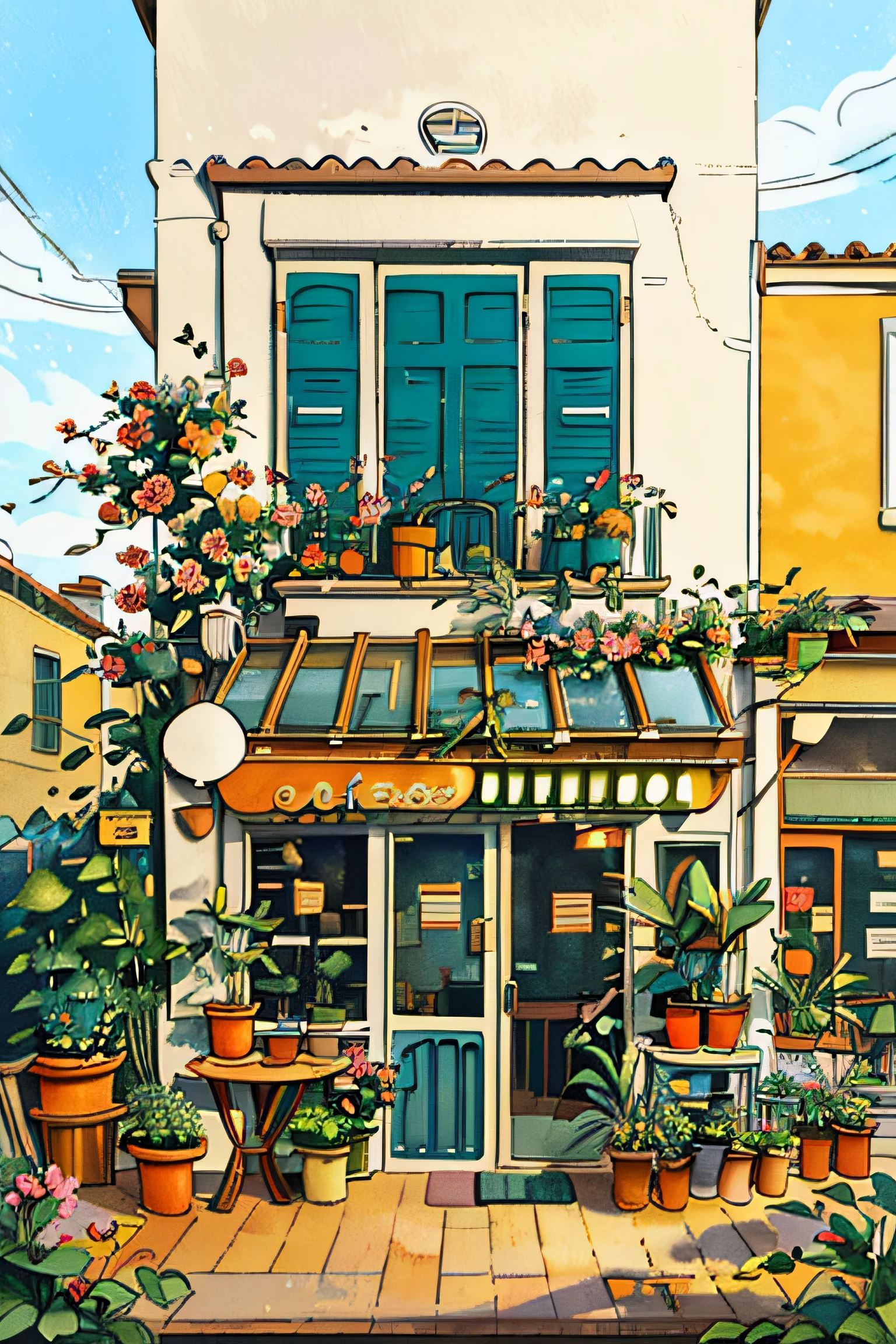 JZCG021,Flower store,coffee spot,tables,chairs,no one,windows,flowers,plants,potted plants,watercolor (medium),landscapes,doors,air conditioning,paintings (medium),traditional media,houses,outdoors,balconies,architecture,masterpiece,best quality,high quality,Botanical,, masterpiece,best quality,high quality,
