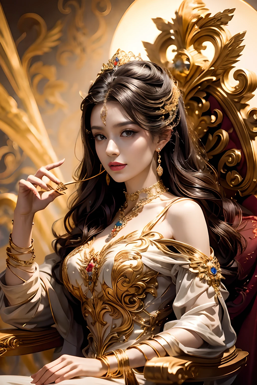 Noble goddess，Scepter in hand，Elegant temperament，mystical ambiance，Best quality、tmasterpiece、A high resolution、1girll、Sheer silk porcelain dress、Nice face、hair adornments、looking at viewer、shift dresses、hair adornments、choker necklace、jewely、long black hair、earring、pretty  face、Sit in a golden chair，Ancient mythology、Ancient palaces，Luxurious and detailed background、hentail realism、profesional lighting、edge lit、bicolor lighting、（highdetailskin：1.2）、8K, Ultra HD、Digital SLR、softlighting、high quality，Volumetriclighting，High resolution 4K，blur background，high contrast，largevaperture，automatic white balance，cinematic compositions，realisticlying