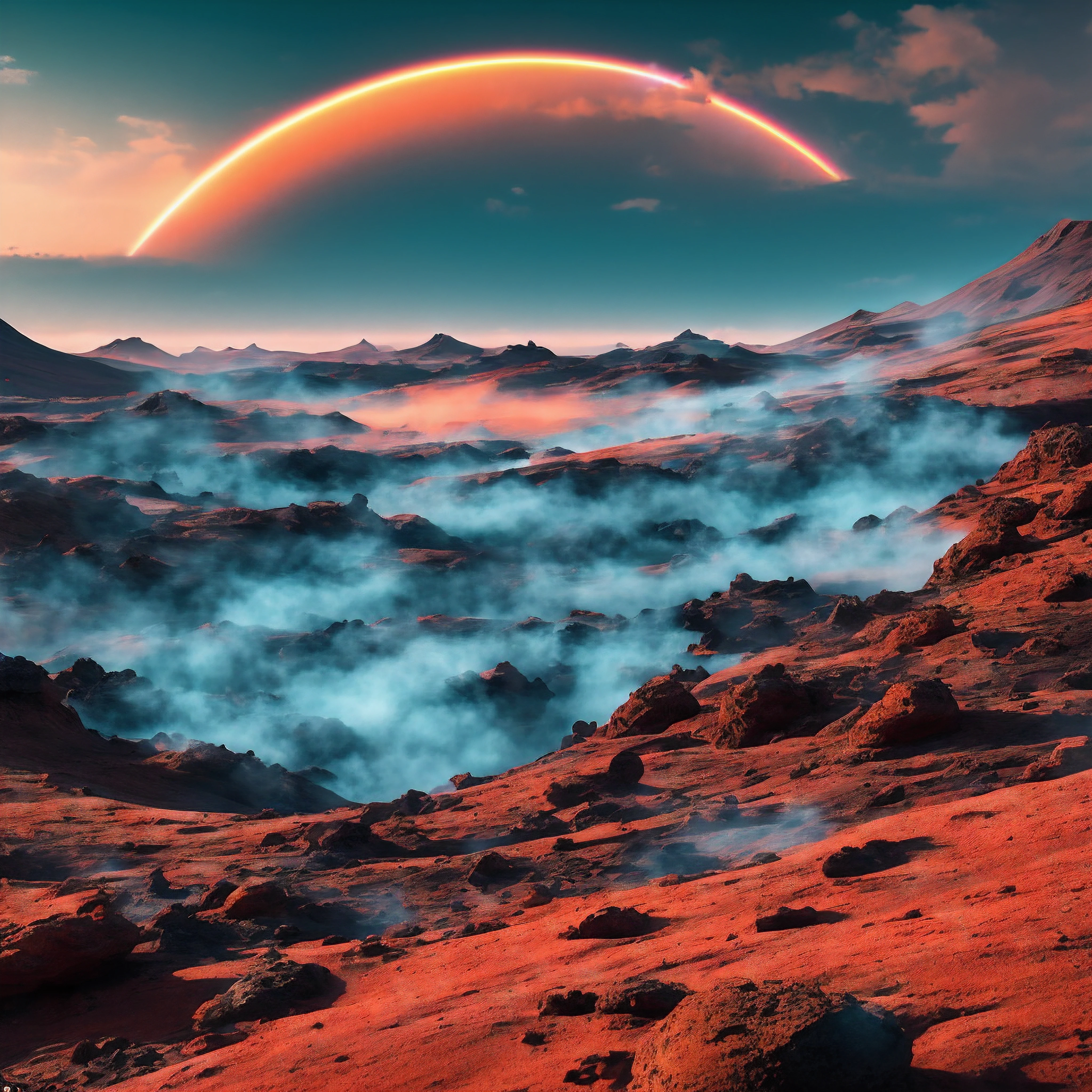 Les dunes pourpres de Mars s&#39;étendent sur des kilomètres, baigné par la lumière des deux lunes suspendues dans le ciel rose. Dispersé à travers la stérile, le paysage de couleur rouille était constitué de morceaux de glaciers glacés, scintillant brillamment au soleil. Des éclairs crépitants courbaient sauvagement à travers la mince atmosphère, laissant derrière lui l&#39;odeur de l&#39;ozone.

Une curieuse créature avançait lentement sur le terrain extraterrestre.. Il avait les traits doux d&#39;un cerf terrestre, avec de grands yeux noirs et un nez qui tremble. Mais sa fourrure était teinte dans des tons tourbillonnants de rouge, orange, bleu, vert et violet, imitant presque les nuages de poussière cosmiques à proximité. Ses bois ramifiés ressemblaient plus à des vignes en fleurs qu&#39;à des os..

Le cerf arc-en-ciel errait devant des forêts pétrifiées enfermées dans la pierre, canyons glacés, sarcelle éclatante, et des étangs bouillonnants de liquide noir d&#39;encre scintillant. Il se nourrissait de lichens lumineux poussant sur les parois du canyon et buvait dans les ruisseaux laiteux et brillants.. au loin, les volcans crachaient des braises incandescentes dans le ciel sous la lumière de trois lunes superposées.

Le paysage changeait constamment, avec des diables de poussière hurlants cédant la place à des geysers brumeux jaillissant au hasard du sol rocheux. Pourtant, le cerf arc-en-ciel n&#39;y a pas prêté attention, explorer sereinement ce monde extraterrestre qui l&#39;abrite désormais. Ses couleurs prismatiques se détachaient brillamment sur les roches rouges sans vie et le sable ocre.. Un arc-en-ciel vivant sur un monde lointain.