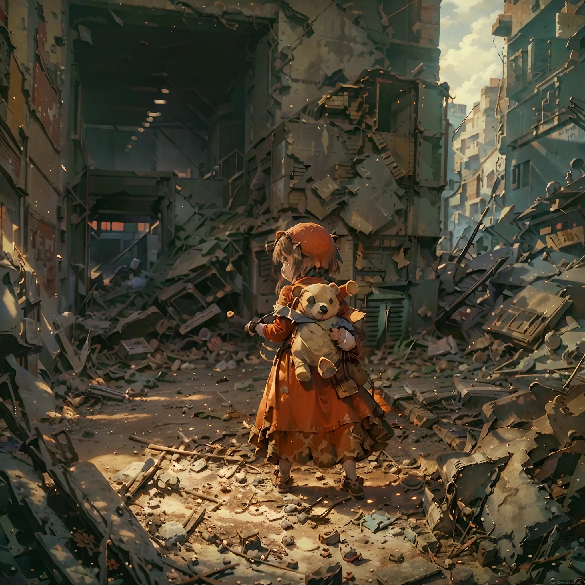 A  in a long red dress during the war，Carrying the back of a bear doll，Ruins of war，Dog's breakfast。（very wide angle shot，The focus is on the back of the character）The background of the picture is a dusty doomsday scene