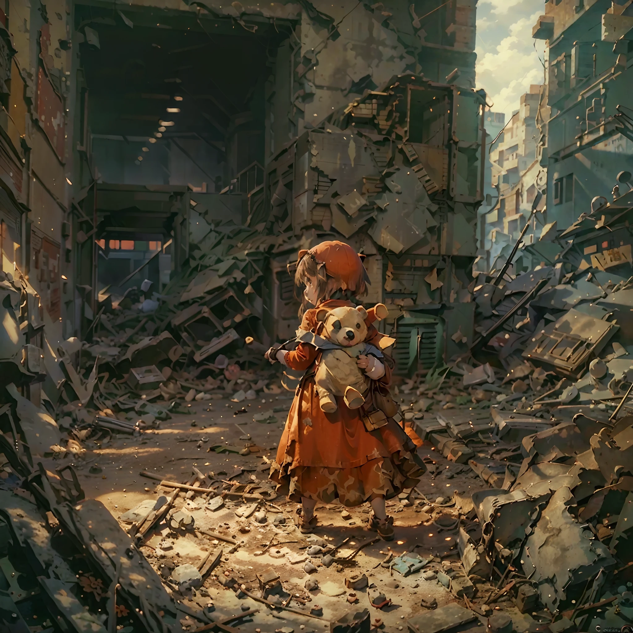 A little girl in a long red dress during the war，Carrying the back of a bear doll，Ruins of war，Dog's breakfast。（very wide angle shot，The focus is on the back of the character）The background of the picture is a dusty doomsday scene