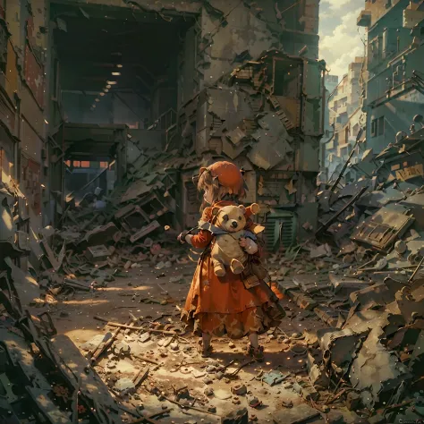 A little girl in a long red dress during the war，Carrying the back of a bear doll，Ruins of war，Dog's breakfast。（very wide angle ...