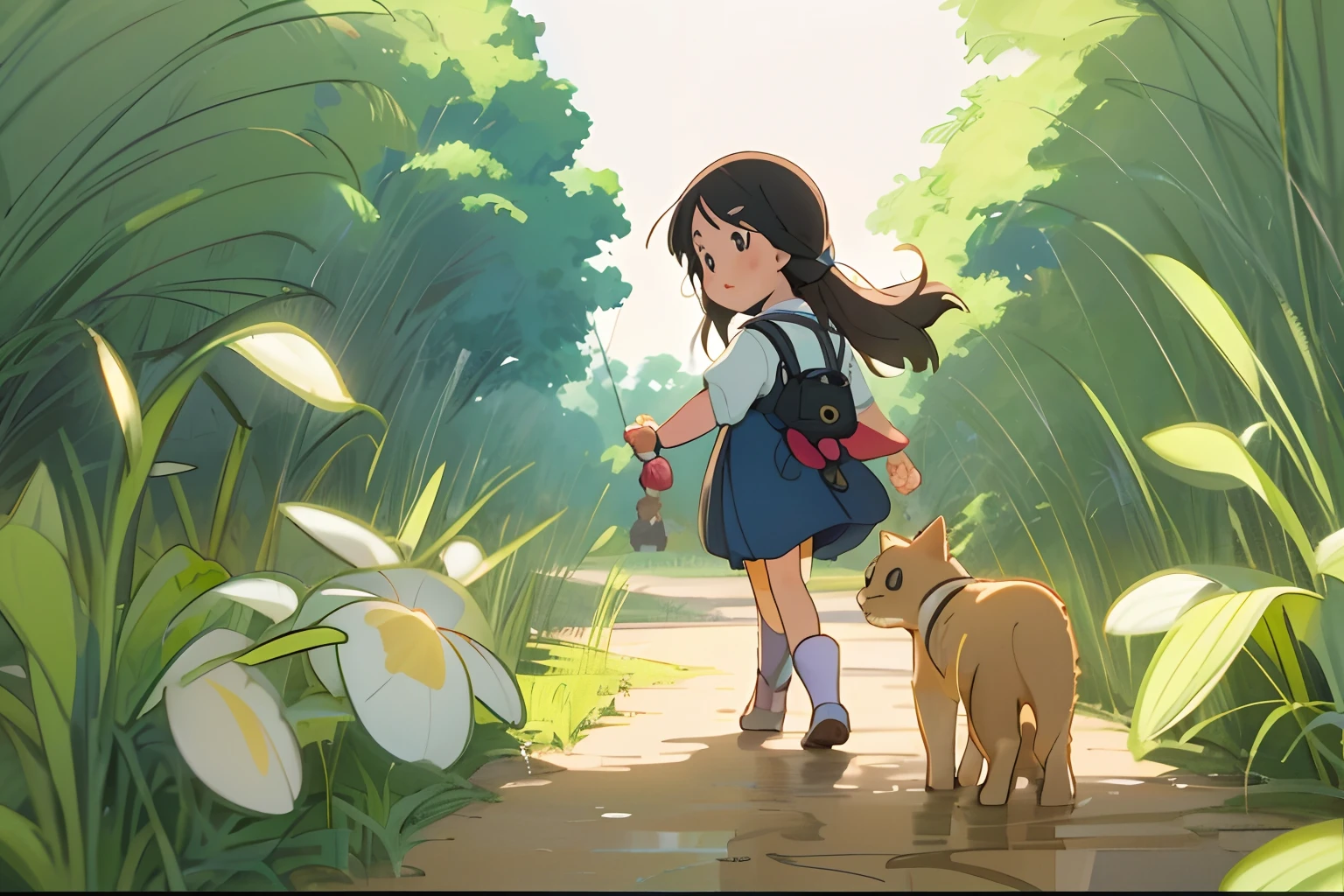 Cute little girl with kitten，Sunnyday，Warm summer，in a rice field，In the bushes，There is a small stream on the left，anime illustrated，outstanding，A wonderful childhood。