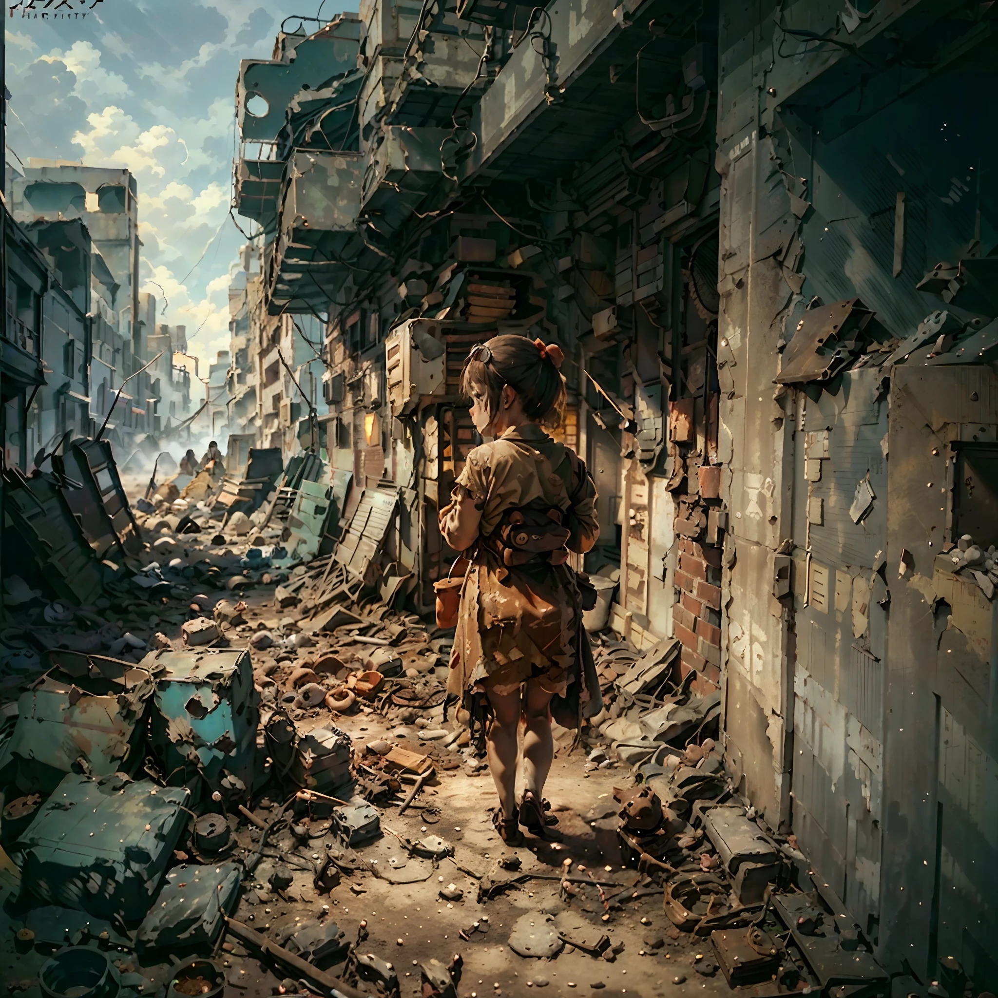 A  in a bright big red dress during the war，Carrying the back of a bear doll，Ruins of war，Dog's breakfast。（very wide angle shot，The focus is on the back of the character）The background is a dusty apocalyptic scene