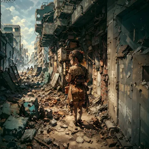 A little girl in a bright big red dress during the war，Carrying the back of a bear doll，Ruins of war，Dog's breakfast。（very wide ...