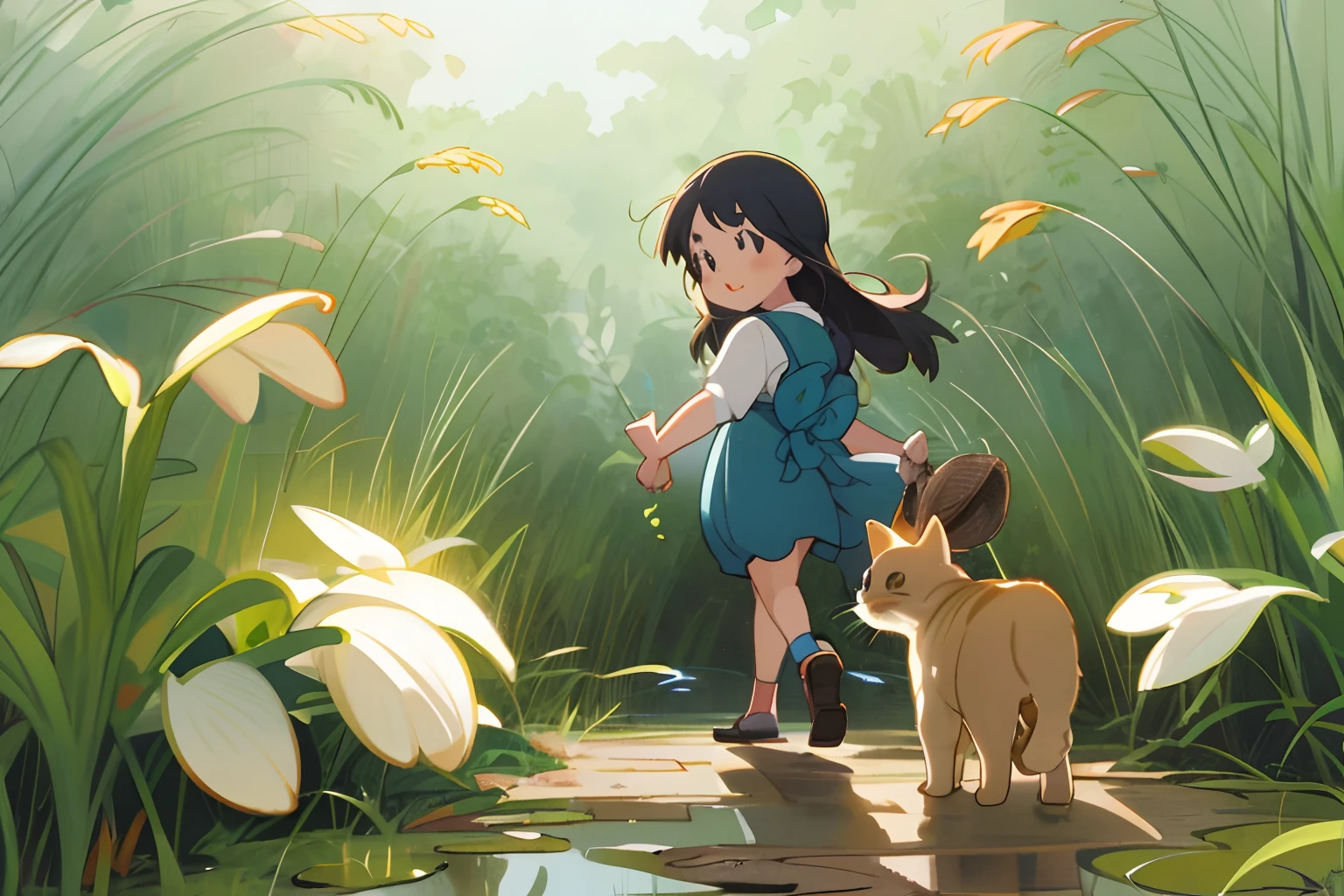 Милый с котенком，Солнечный день，Тёплое лето，На рисовом поле，в кустах，Слева есть небольшой ручей，аниме иллюстрировано，выдающийся，Прекрасное детство。