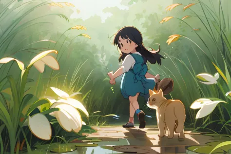 cute little girl with kitten，sunnyday，warm summer，in a rice field，in the bushes，there is a small stream on the left，anime illust...