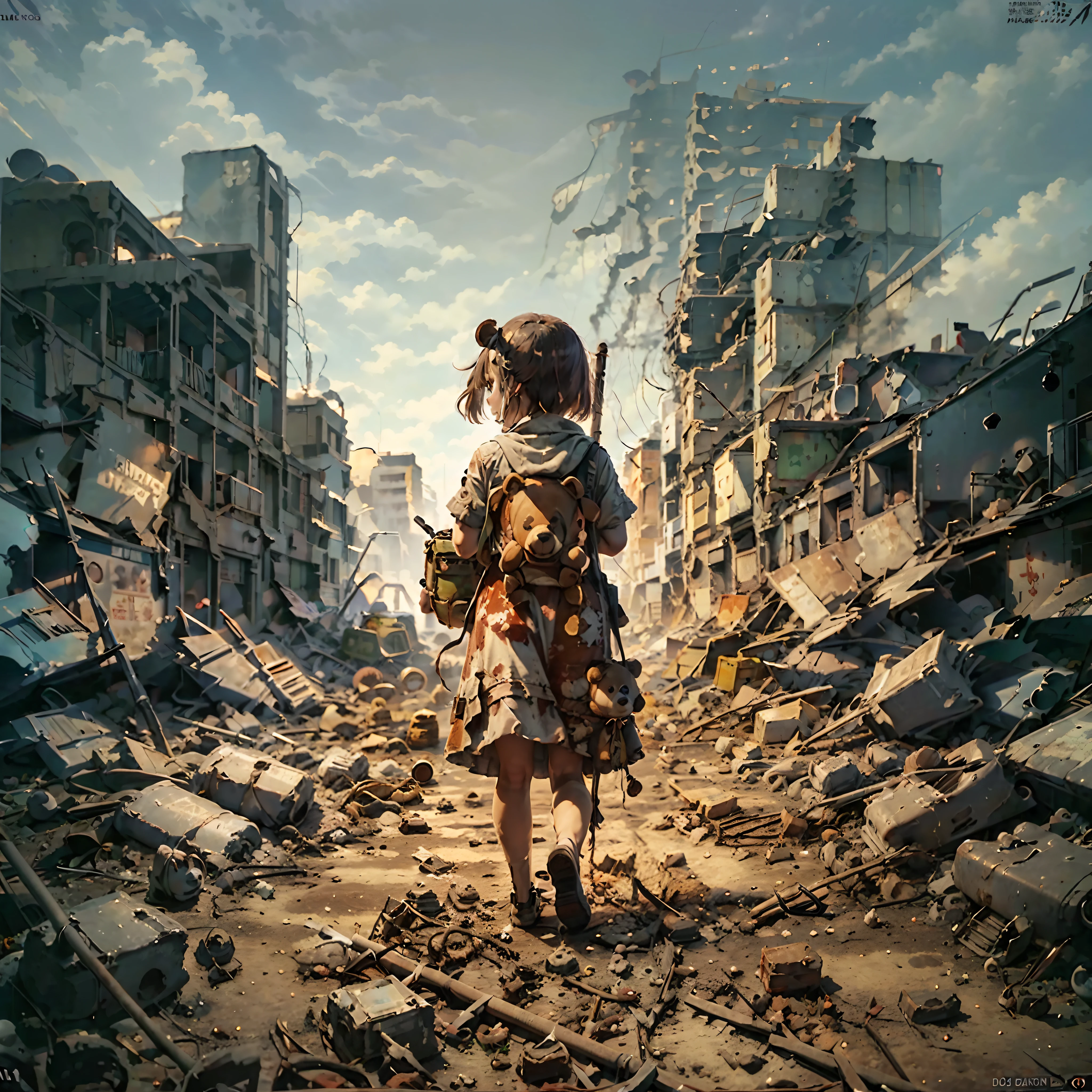 A little girl in a bright big red dress during the war，Carrying the back of a bear doll，Ruins of war，Dog's breakfast。（very wide angle shot，The focus is on the back of the character）The background is a dusty apocalyptic scene