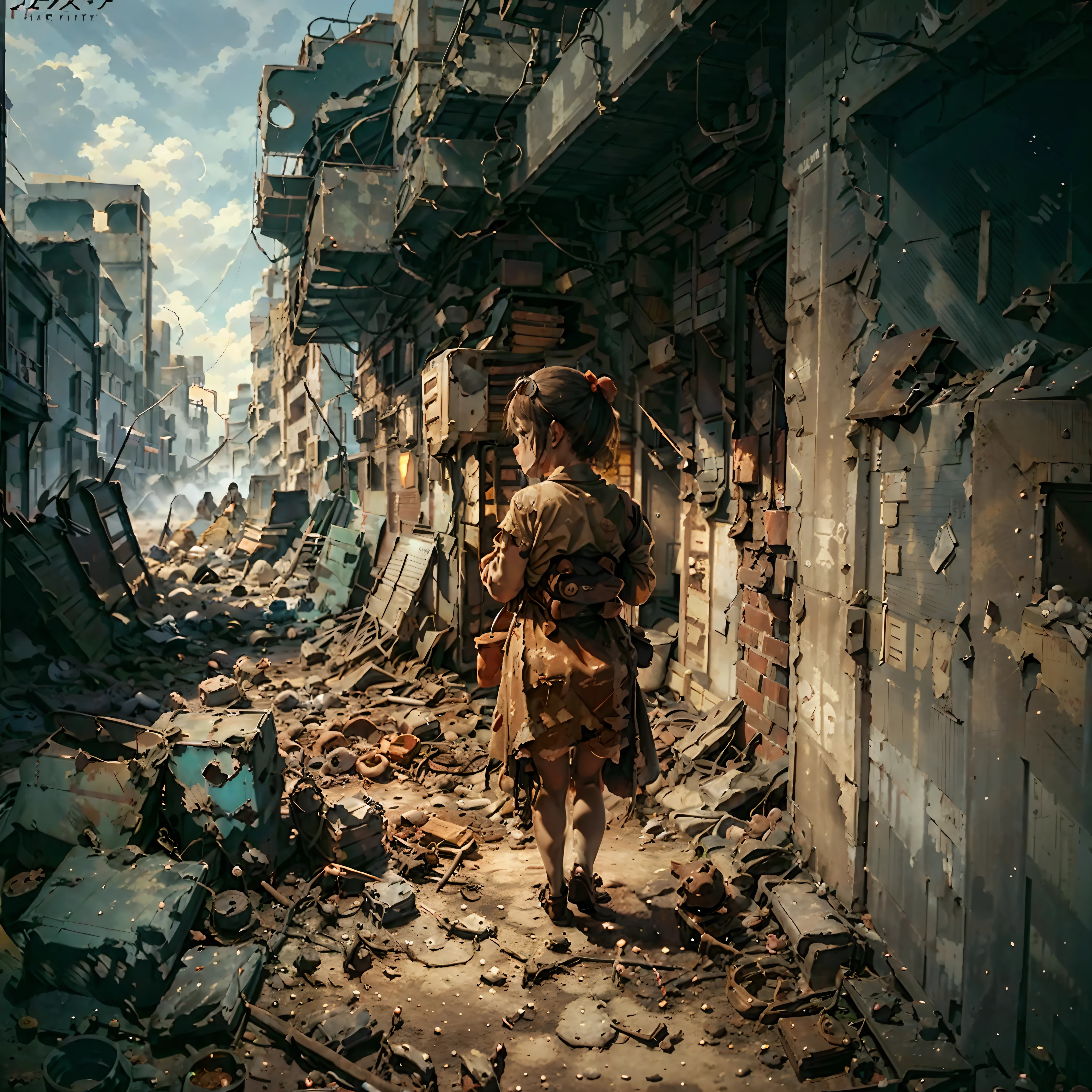 A little girl in a bright big red dress during the war，Carrying the back of a bear doll，Ruins of war，Dog's breakfast。（very wide angle shot，The focus is on the back of the character）The background is a dusty apocalyptic scene