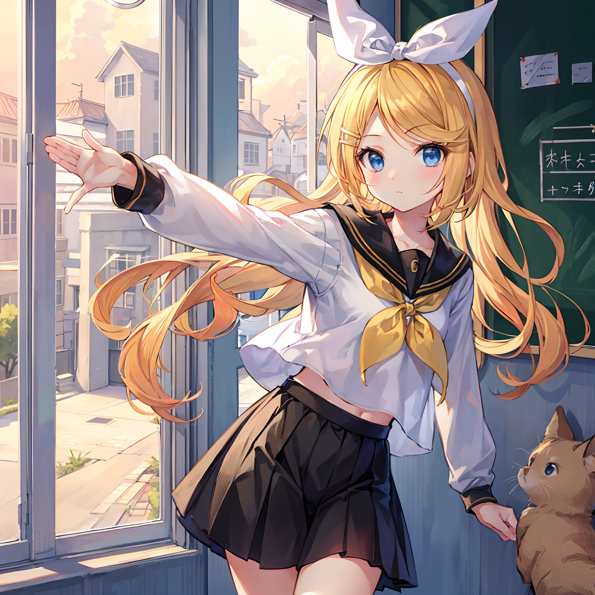 Anime girl with long blonde hair and bunny ears pointing at a cat - SeaArt  AI