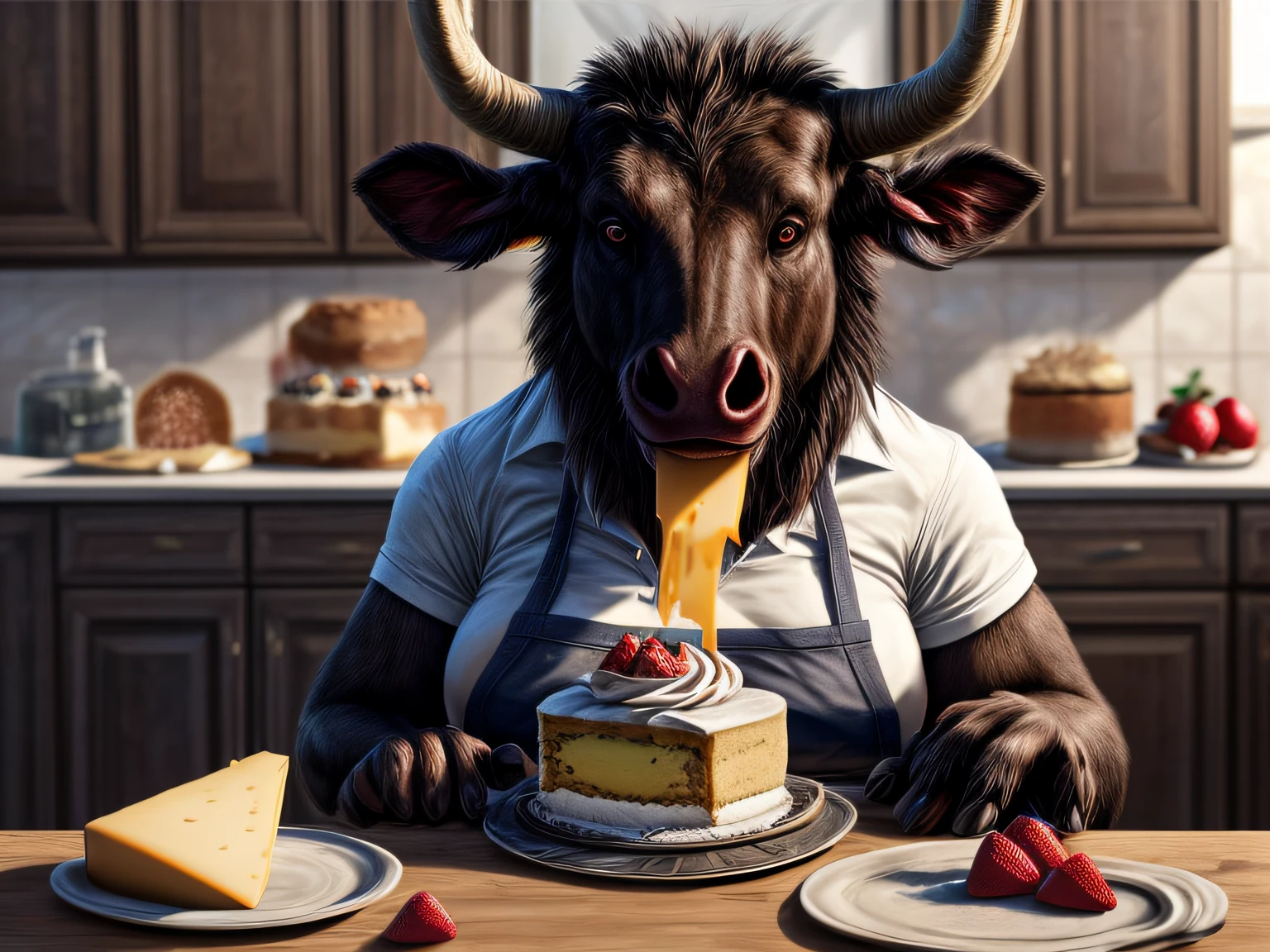 a picture of an a beautiful female minotaur eating cheese cake, there is a a beautiful female minotaur,  dynamic colors, busty woman, wearing an apron, wearing skirt, dynamic shoes, sitting in a modern kitchen eating cheese cake with strawberries and cream, modern kitchen background, ultra best realistic, best details, best quality, 16k, [ultra detailed], masterpiece, best quality, (extremely detailed), ultra wide shot, photorealism, depth of field, hyper realistic